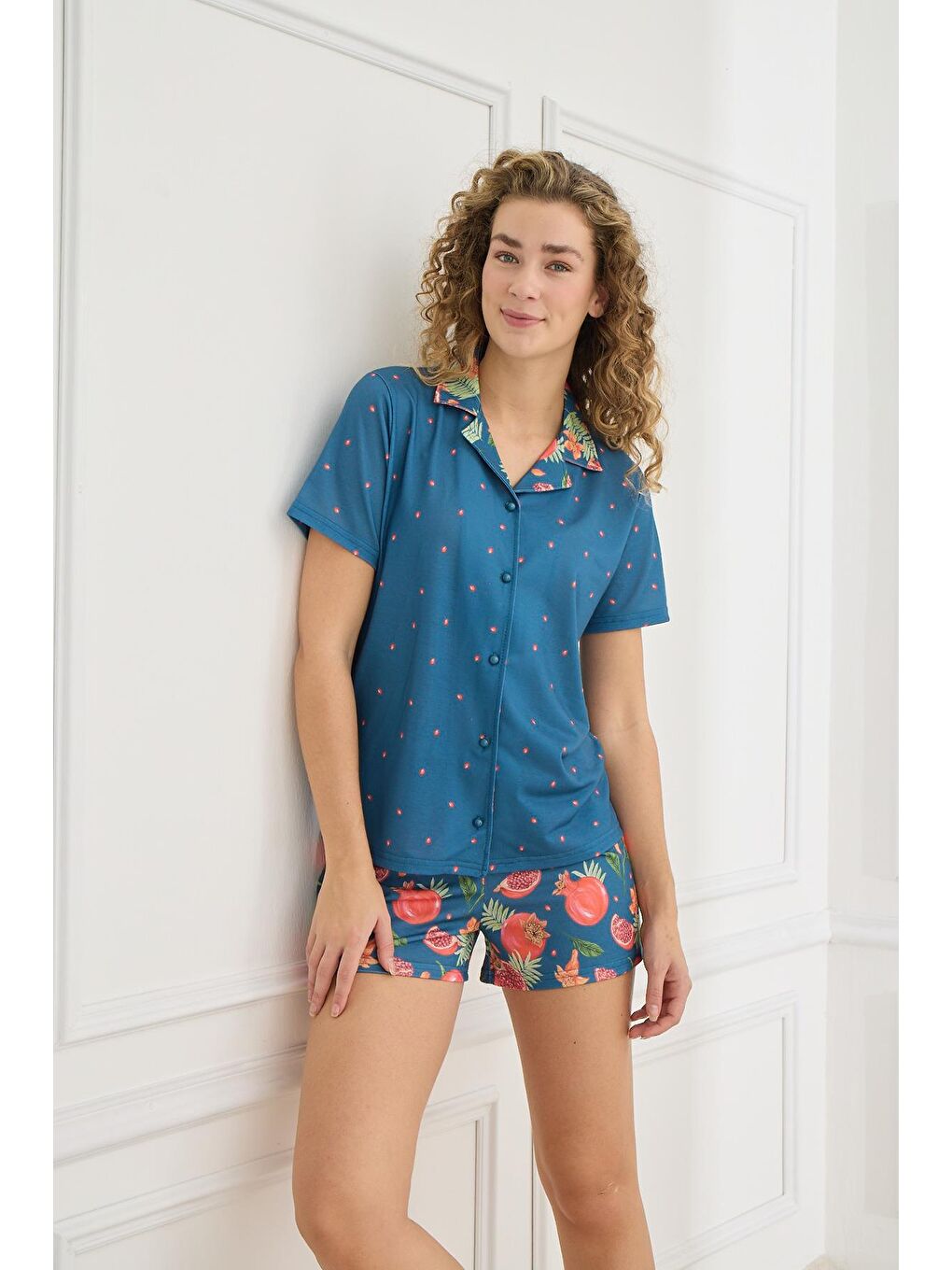 Kadın Önden Düğmeli Polo Yaka Desenli Elastanlı Şort Takım   İndigo 70115 855