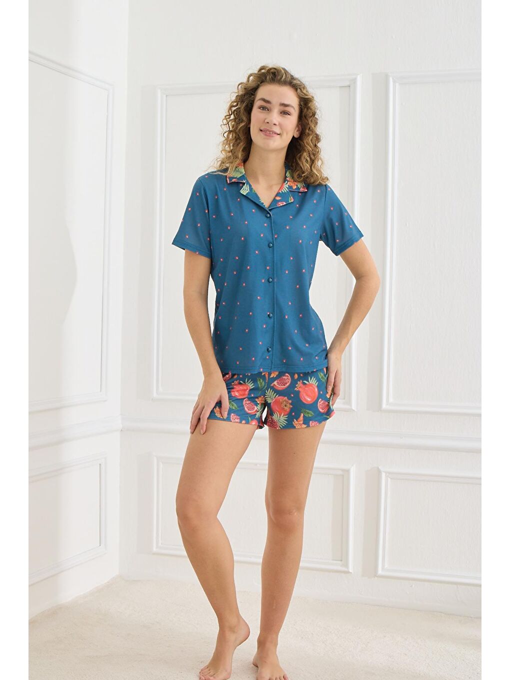 Kadın Önden Düğmeli Polo Yaka Desenli Elastanlı Şort Takım   İndigo 70115 855-1