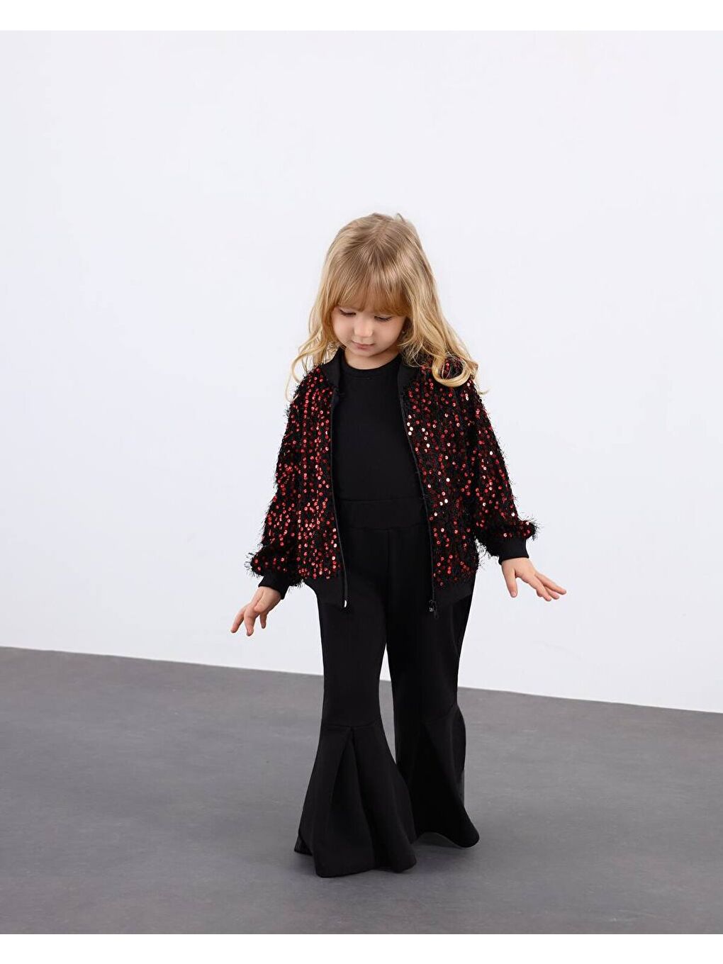 Bordo Kız Çocuk Sakallı Hırka Payet Detay Pantalon Hırka Badi 3 lü Takım-2