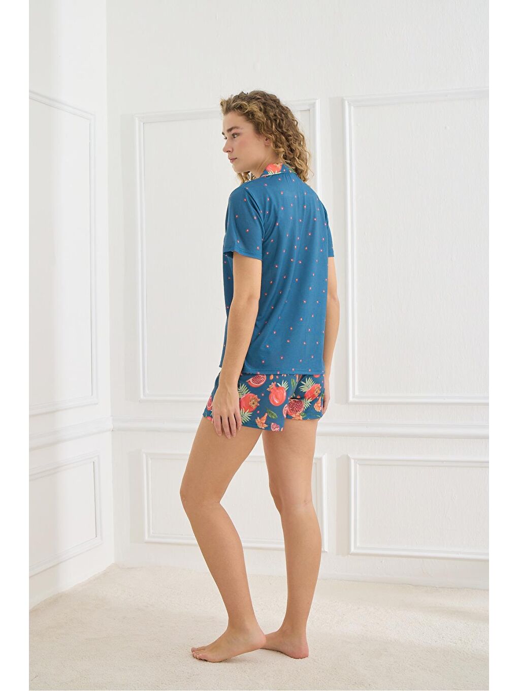 Kadın Önden Düğmeli Polo Yaka Desenli Elastanlı Şort Takım   İndigo 70115 855-2