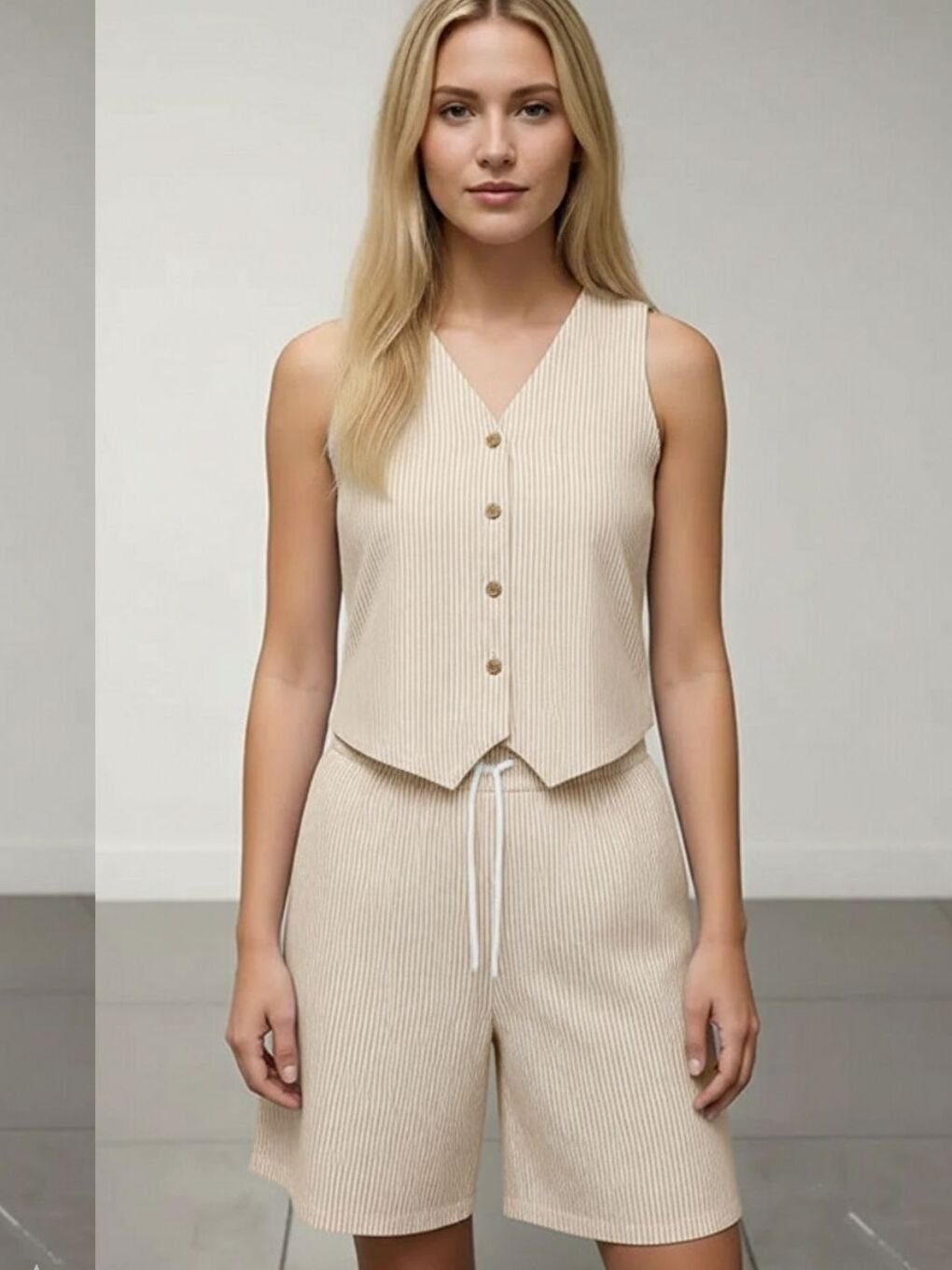 Bej V Yaka Yelek Şort Dokuma Şeritli Jakarlı Alt-Üst Takım