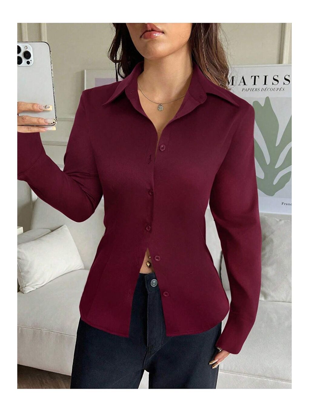 Bordo Kadın Arkası Bağcıklı Gömlek Slim Fit Günlük ve Ofis Kombin Modern Tasarım-3