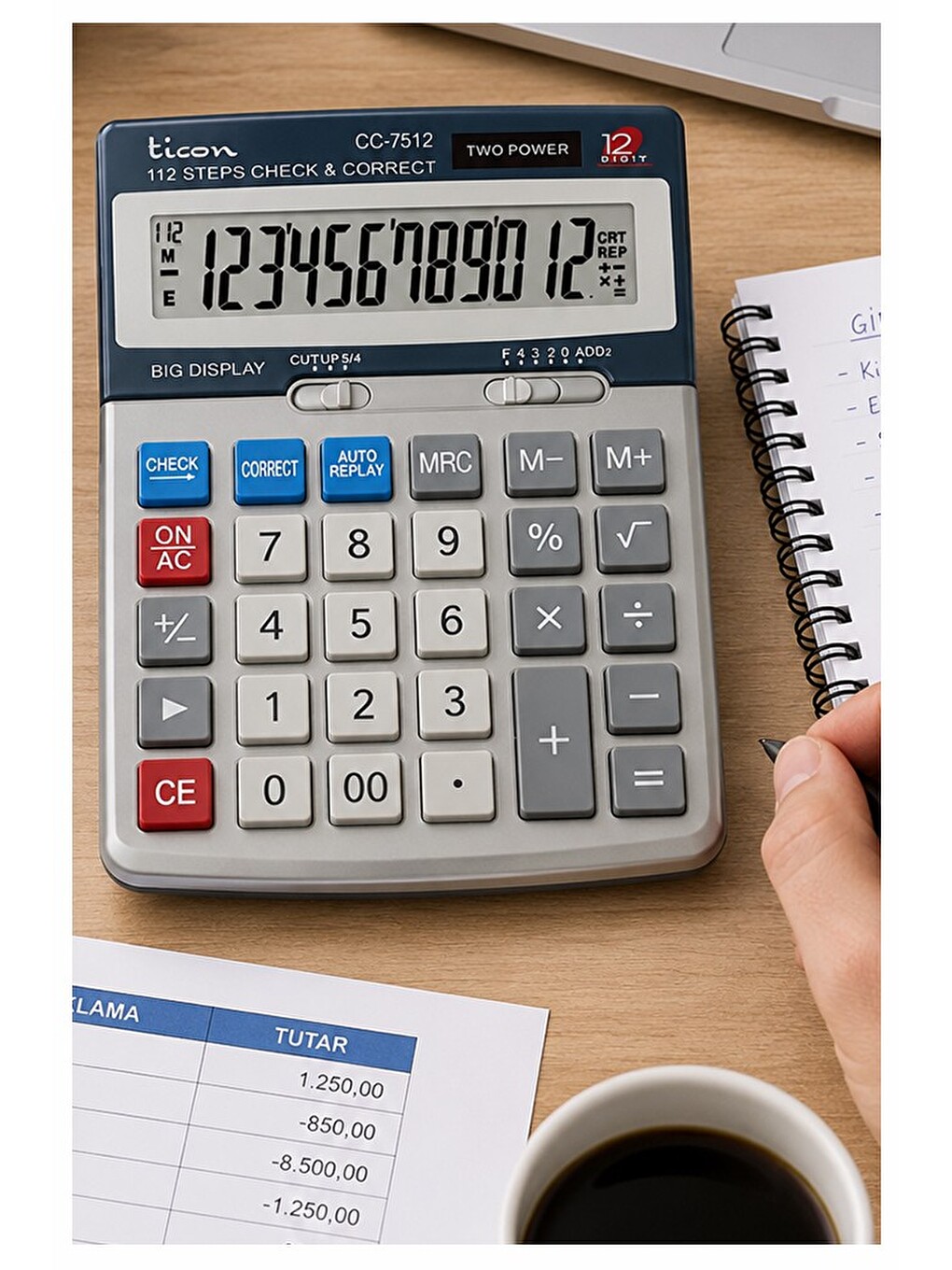Hesap Makinesi Gri 12x17 Cm 1 Adet Th-7512 12 Haneli Hafızalı Orta Boy Ofis Büro Masaüstü Hesa-3