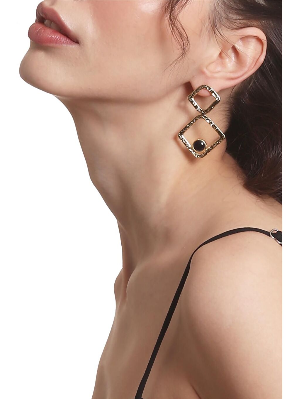 Sarı Kadın Lak Altın Kaplama Doğaltaşlı Çivili Model Geometrik Formlu El Yapımı Küpe-1