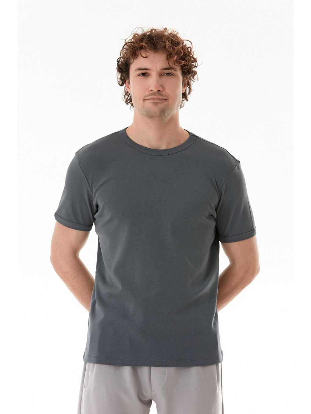 Gri Basic Bisiklet Yaka Ribanalı Tişört