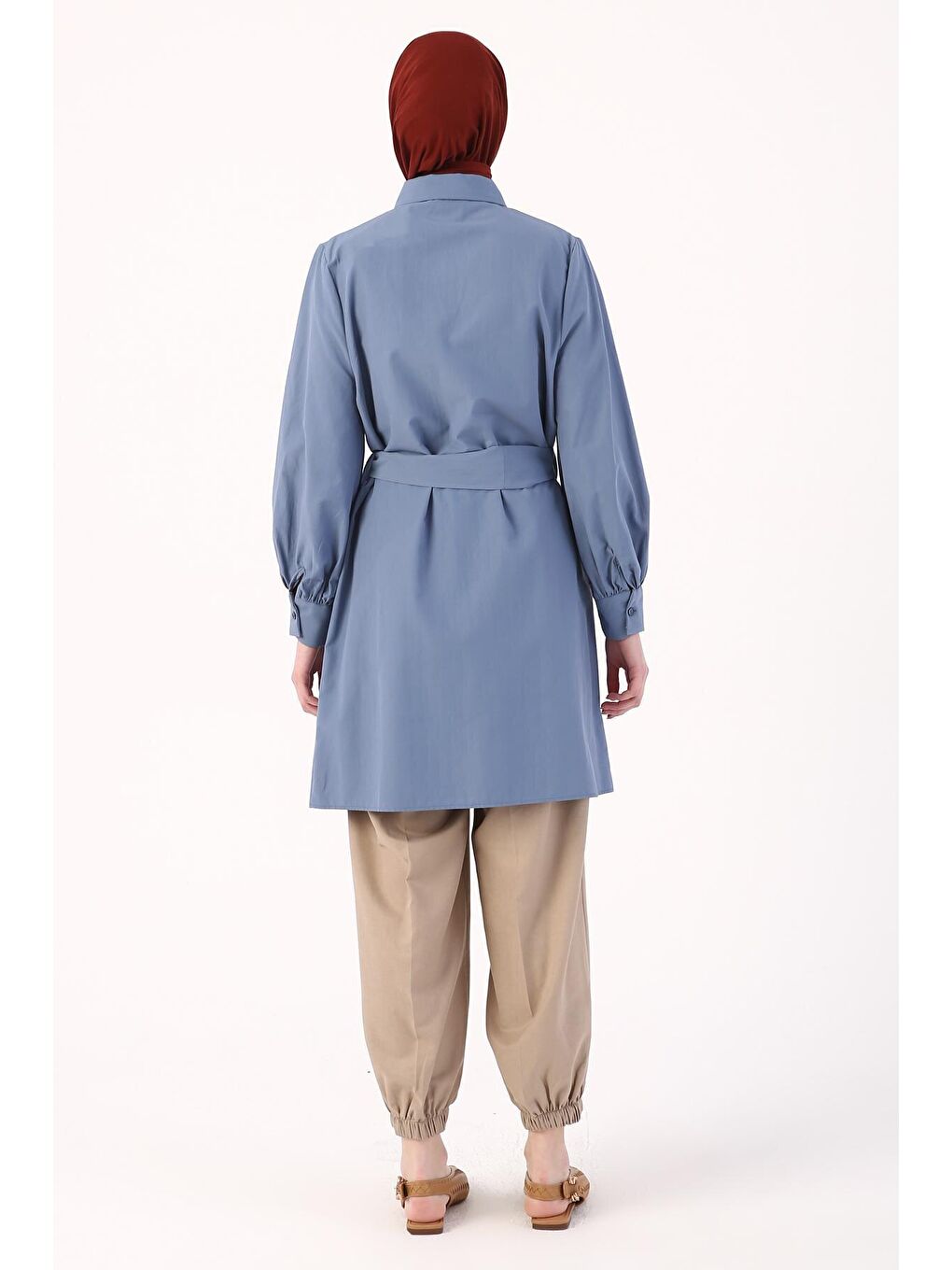 Mavi Balon Kol Kemer Detaylı Gömlek Tunik-3