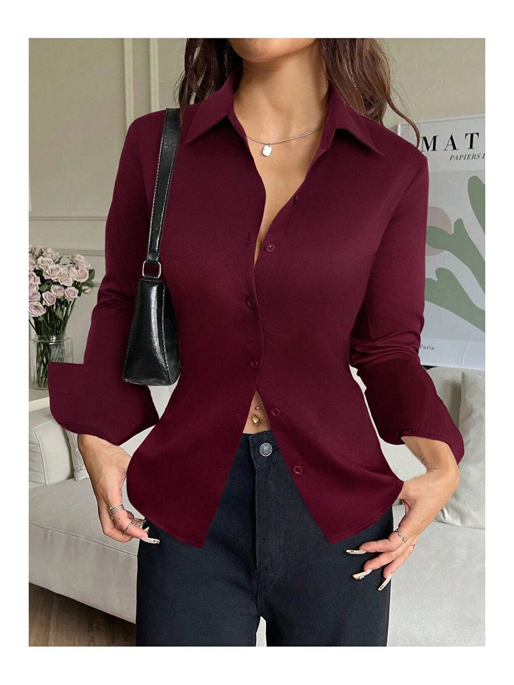 Bordo Kadın Arkası Bağcıklı Gömlek Slim Fit Günlük ve Ofis Kombin Modern Tasarım-4