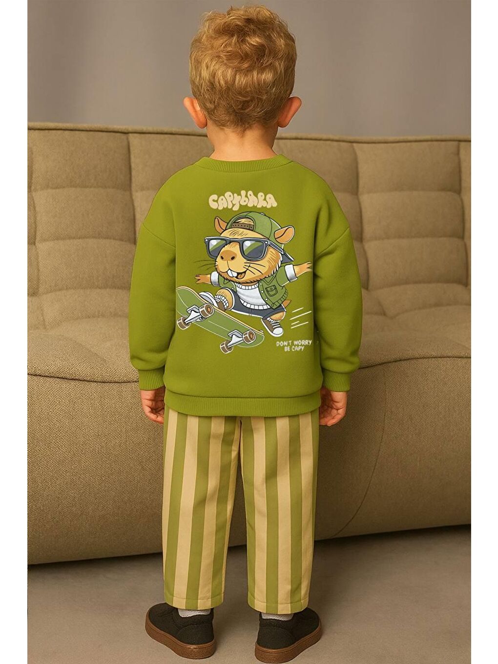 Yeşil Erkek Çocuk Baskılı 3 İplik Kumaş Jogger Pantolonlu Altüst Takım-1