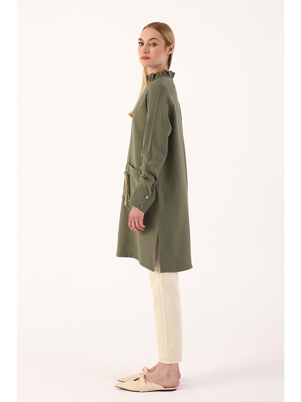 Haki Kolu Detaylı Cebi Püsküllü Tunik-2