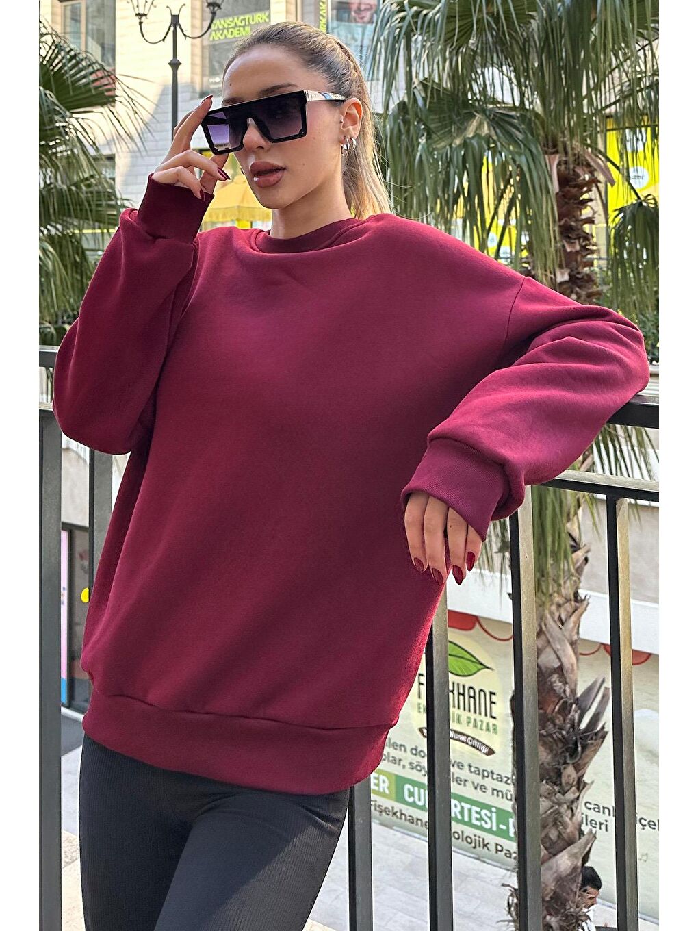Bordo Bisiklet Yaka Basic Sweatshirt Mg1559-1