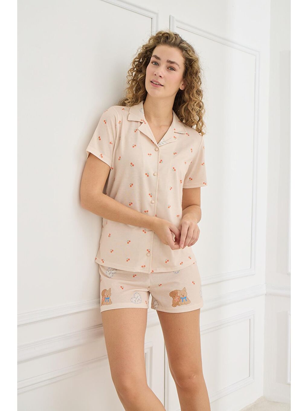 Kadın Elastanlı Süprem Desenli Önden Düğmeli Şort Takım   Bej 70115 858