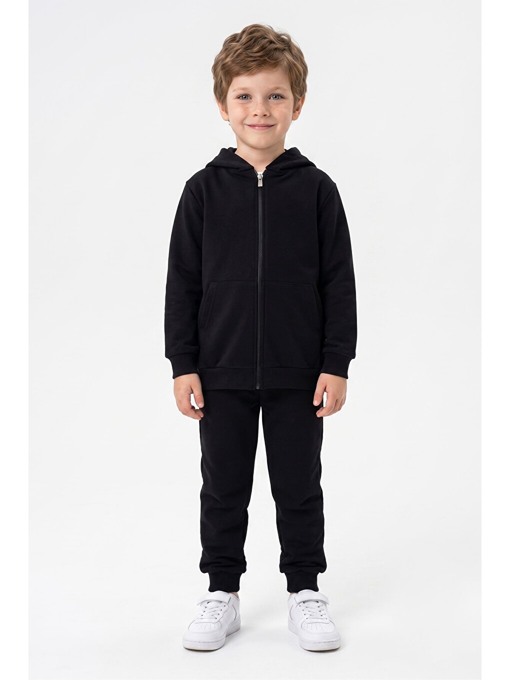Siyah Kapüşonlu Fermuarlı Unisex Çocuk Eşofman Takımı