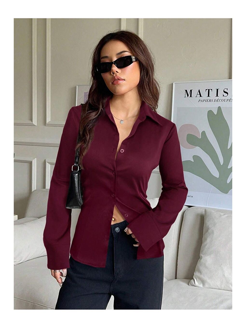 Bordo Kadın Arkası Bağcıklı Gömlek Slim Fit Günlük ve Ofis Kombin Modern Tasarım-5