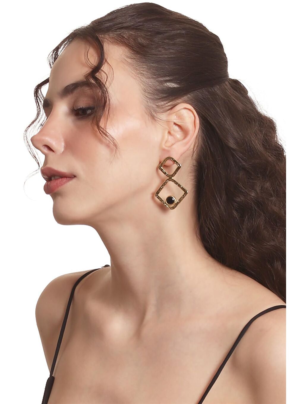 Sarı Kadın Lak Altın Kaplama Doğaltaşlı Çivili Model Geometrik Formlu El Yapımı Küpe-3