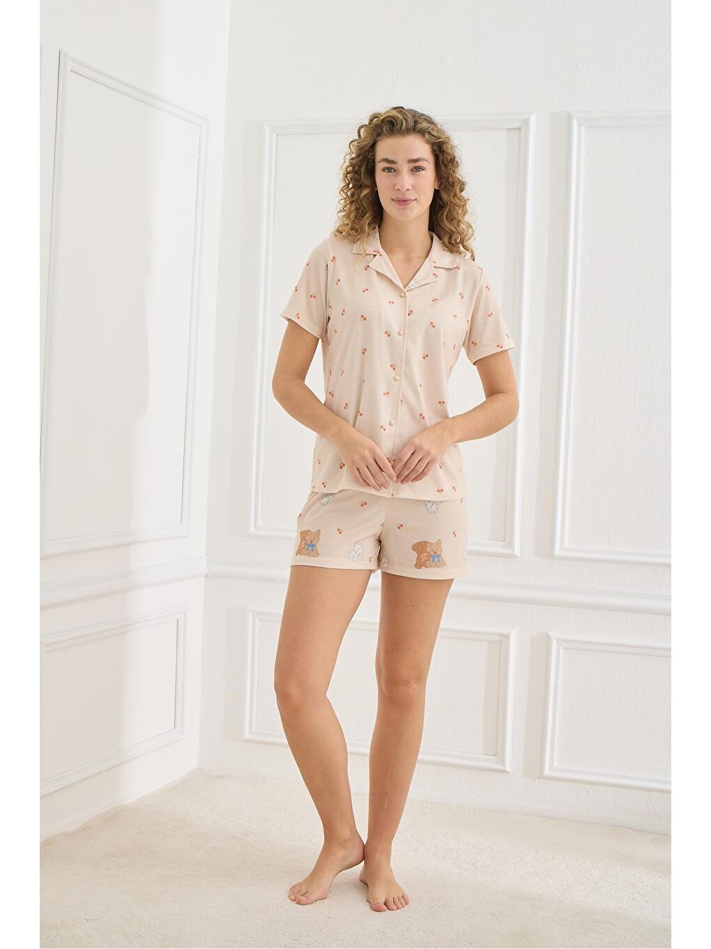 Kadın Elastanlı Süprem Desenli Önden Düğmeli Şort Takım   Bej 70115 858-1