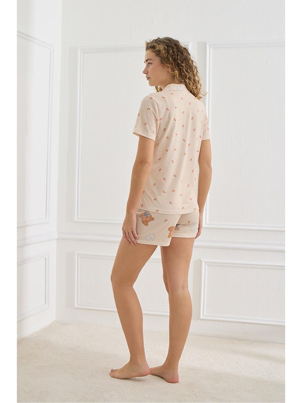 Kadın Elastanlı Süprem Desenli Önden Düğmeli Şort Takım   Bej 70115 858-2