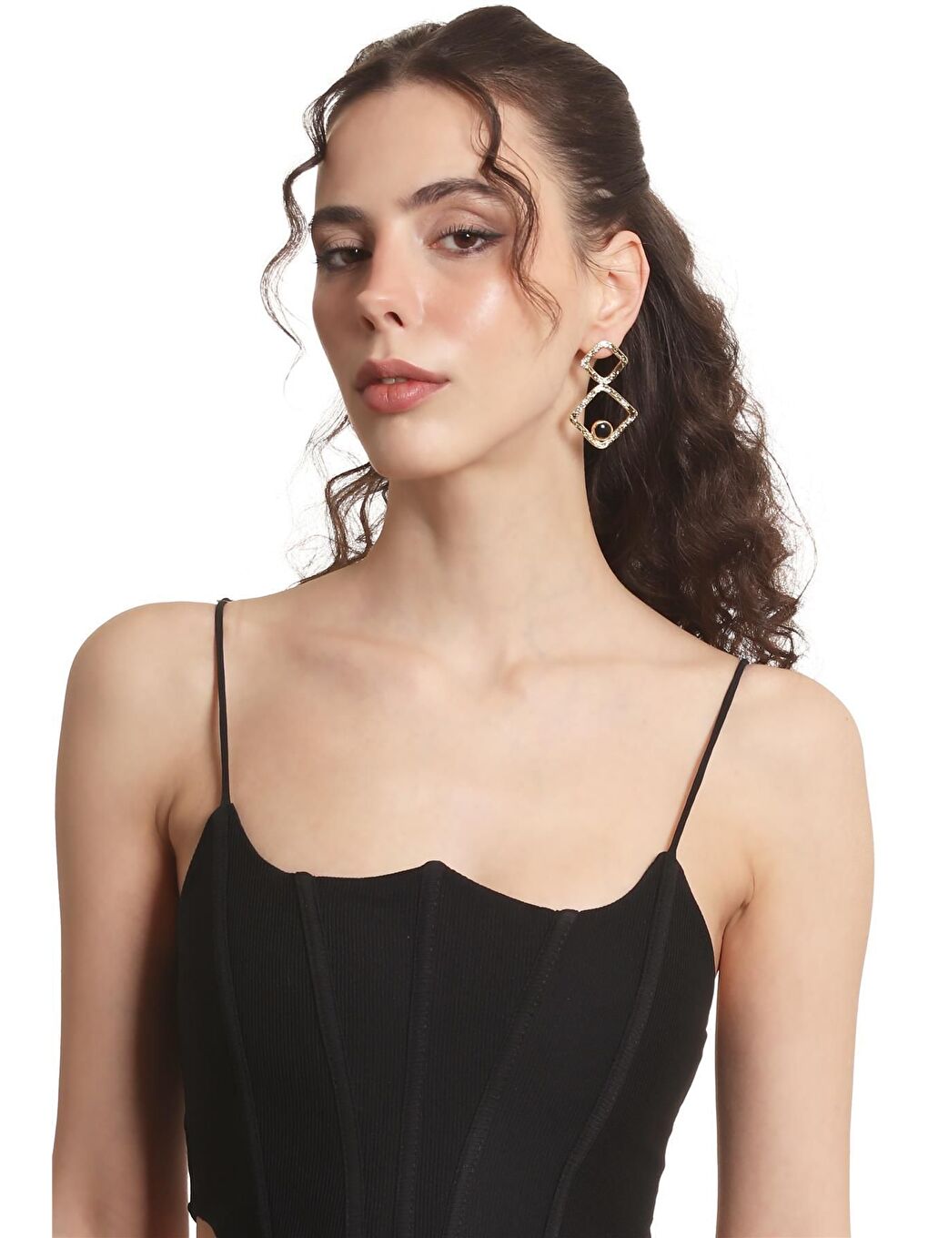 Sarı Kadın Lak Altın Kaplama Doğaltaşlı Çivili Model Geometrik Formlu El Yapımı Küpe-4