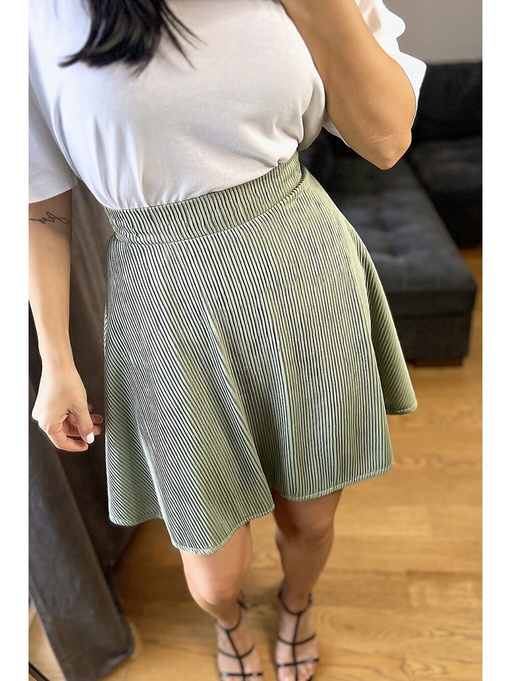 Yeşil Fitilli Beli Lastikli Mini Boy Etek-1