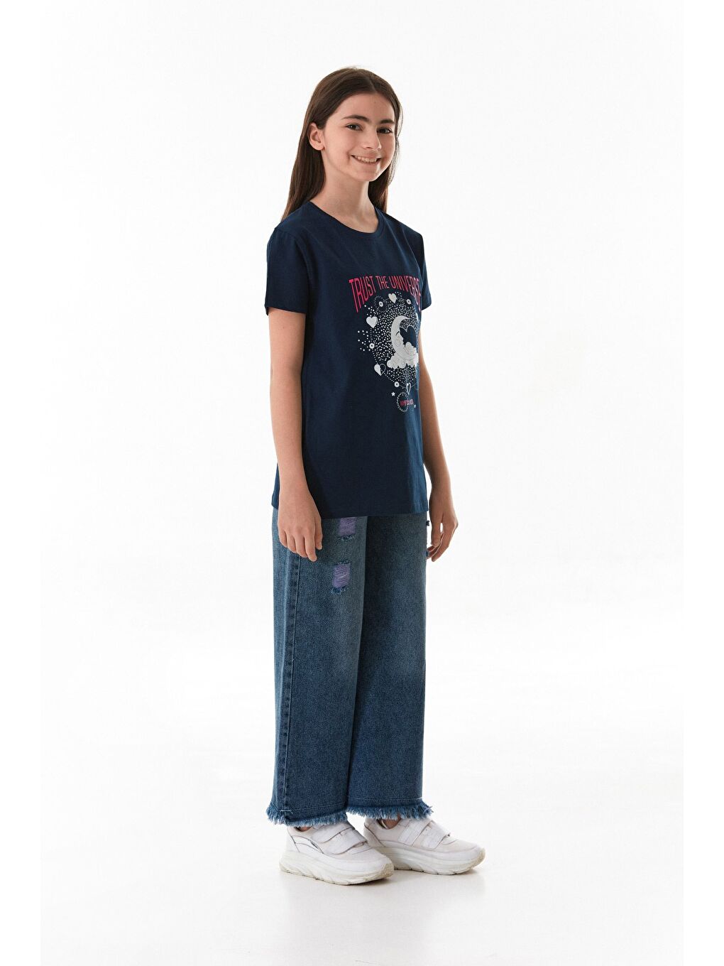 Lacivert %100 Pamuk Trust The Universe Baskılı Kız Çocuk Tişört-2