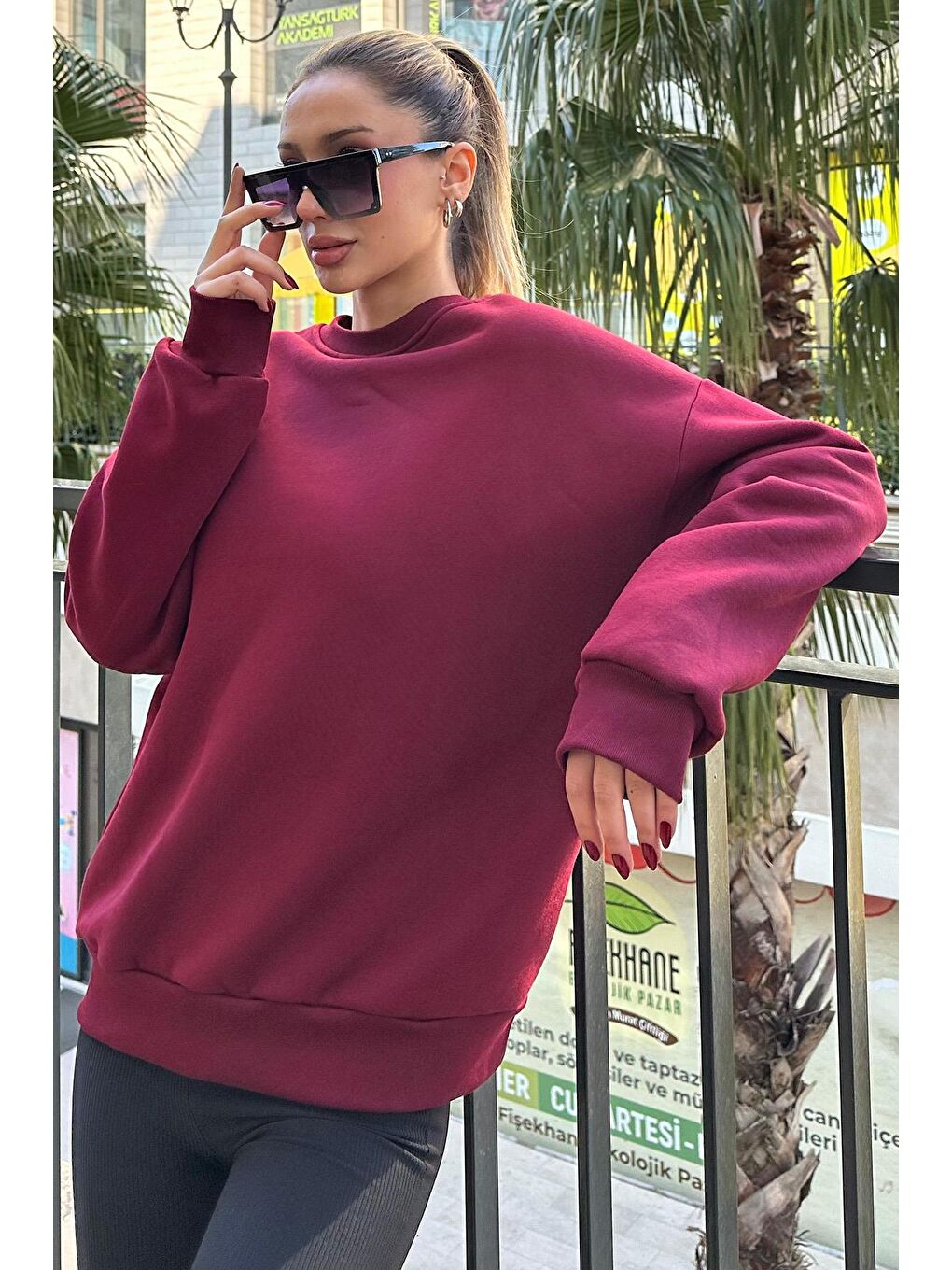 Bordo Bisiklet Yaka Basic Sweatshirt Mg1559-3