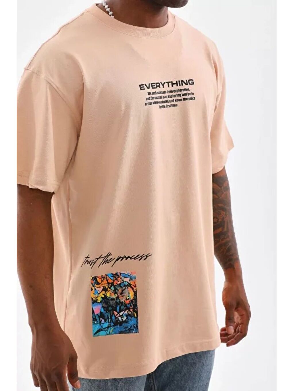 Unisex Bisiklet Yaka Baskılı Oversize T-Shirt - Bej-1