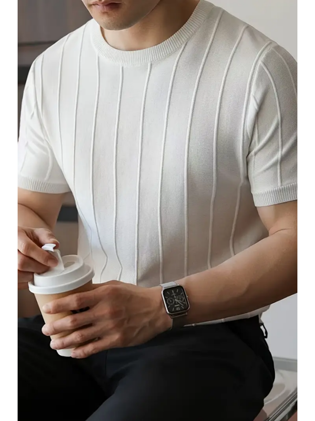 Canlı Beyaz Erkek Yuvarlak Yaka Örme T-shirt-1