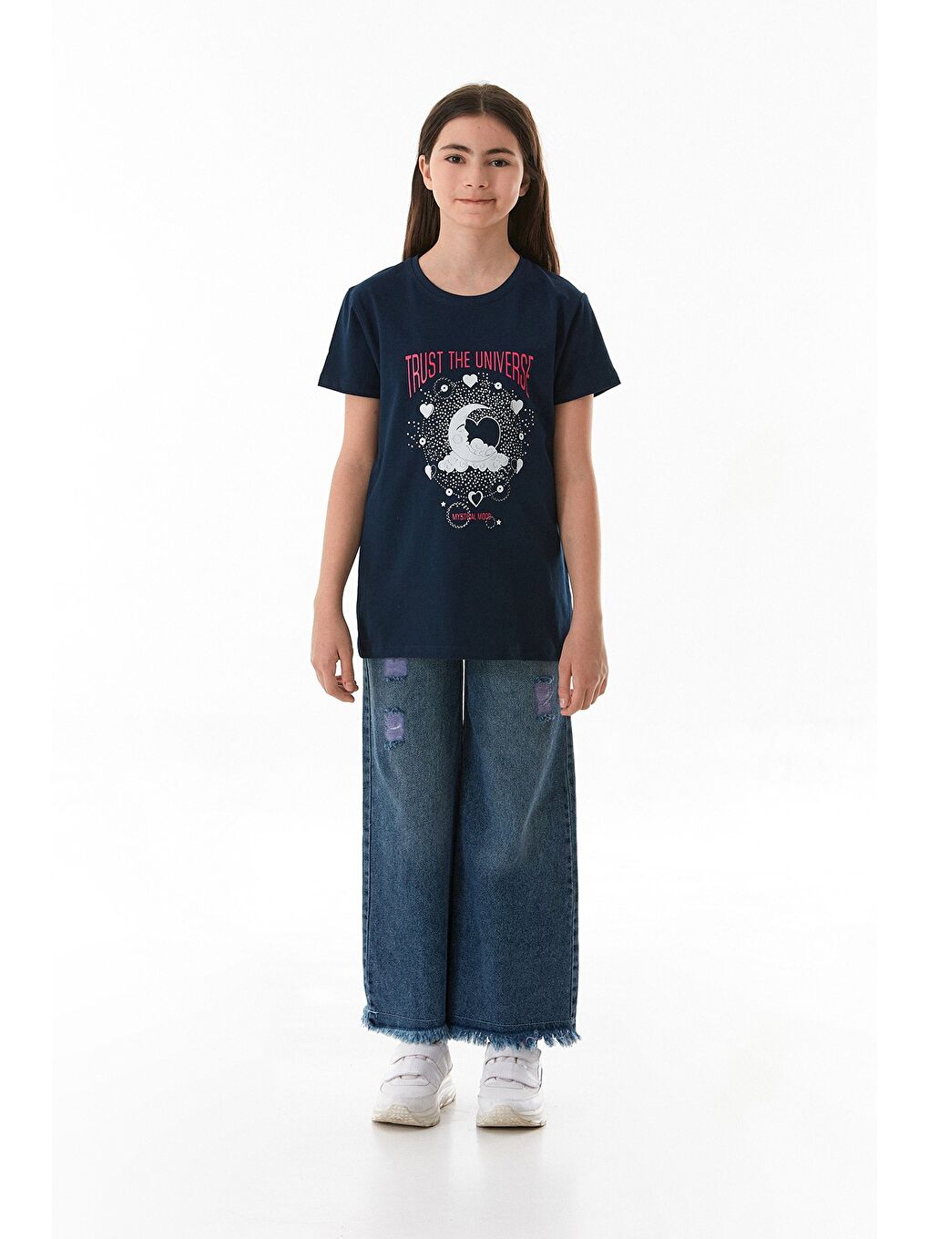 Lacivert %100 Pamuk Trust The Universe Baskılı Kız Çocuk Tişört-3