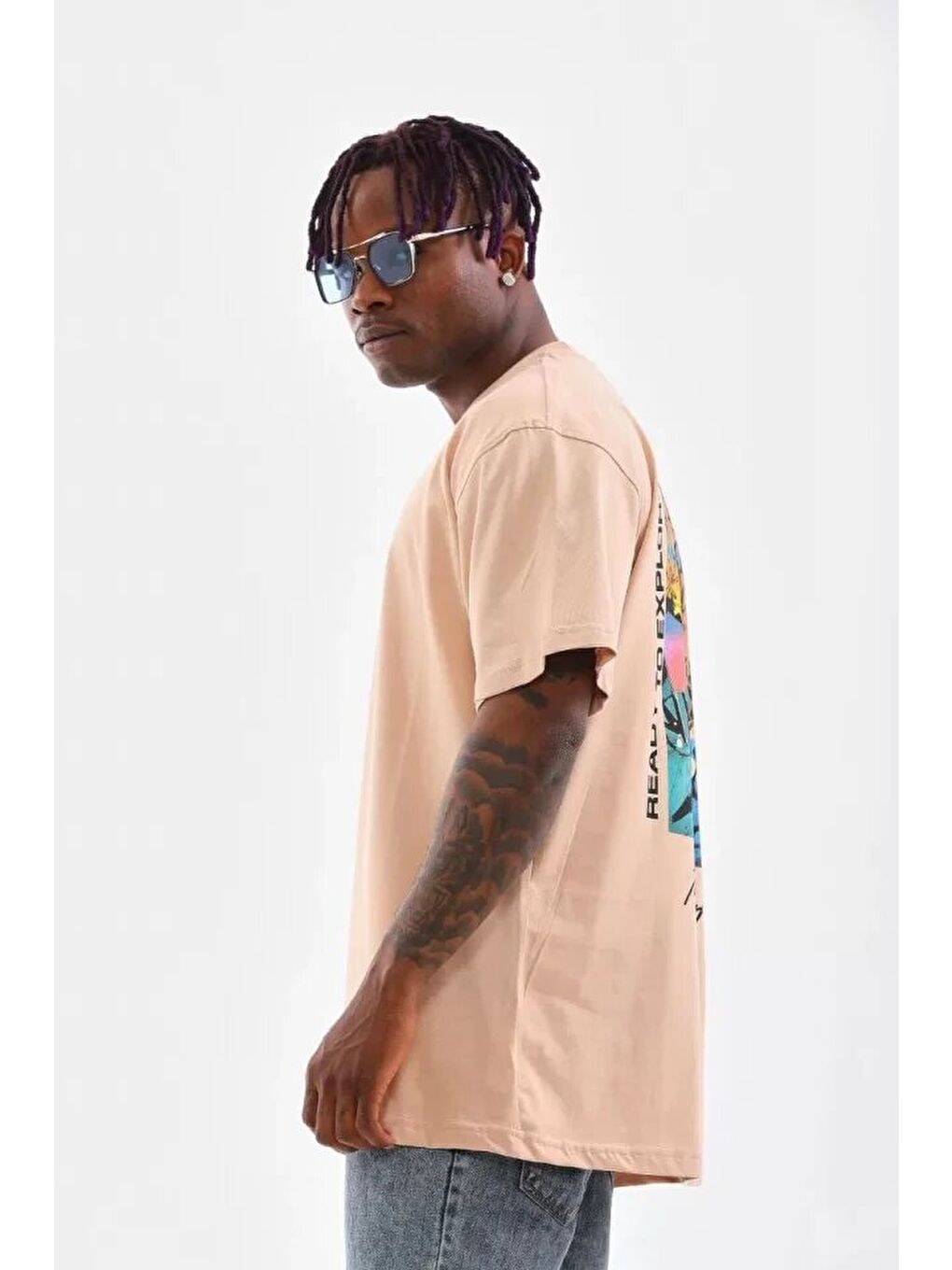 Unisex Bisiklet Yaka Baskılı Oversize T-Shirt - Bej-2