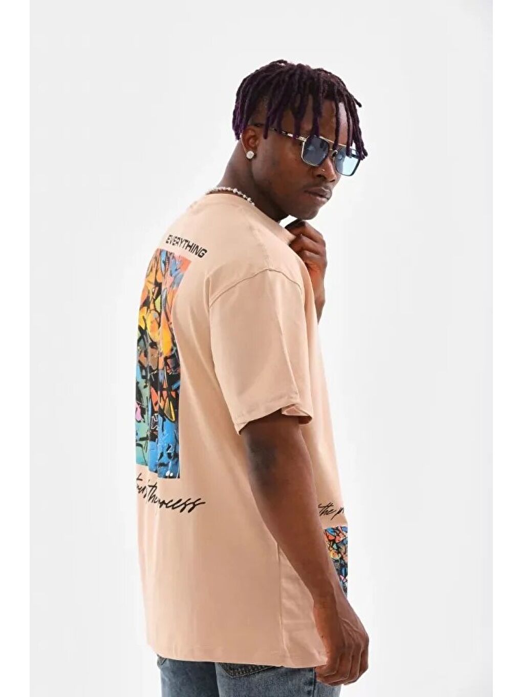 Unisex Bisiklet Yaka Baskılı Oversize T-Shirt - Bej-3