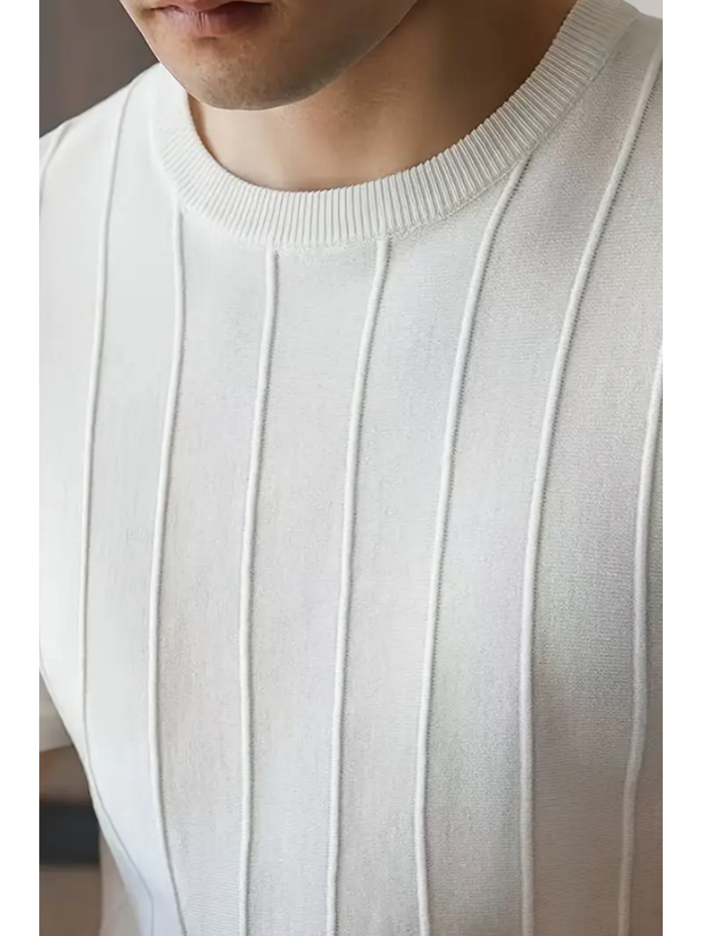 Canlı Beyaz Erkek Yuvarlak Yaka Örme T-shirt-2