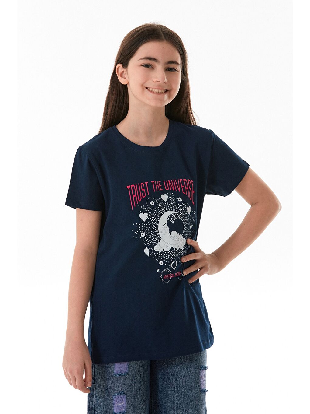 Lacivert %100 Pamuk Trust The Universe Baskılı Kız Çocuk Tişört-4