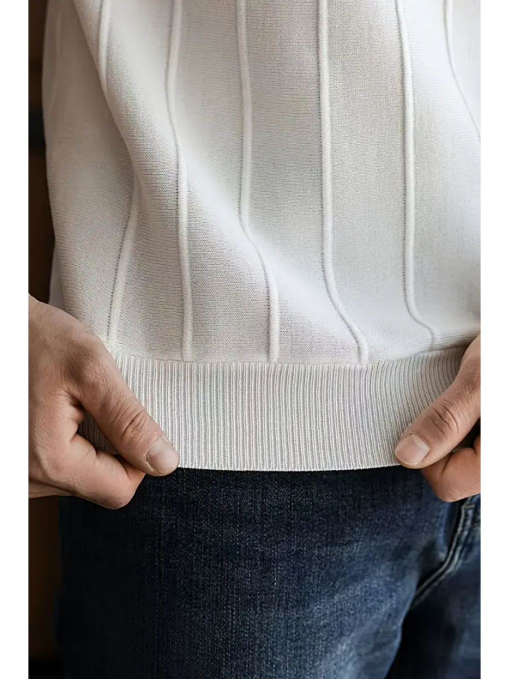 Canlı Beyaz Erkek Yuvarlak Yaka Örme T-shirt-3