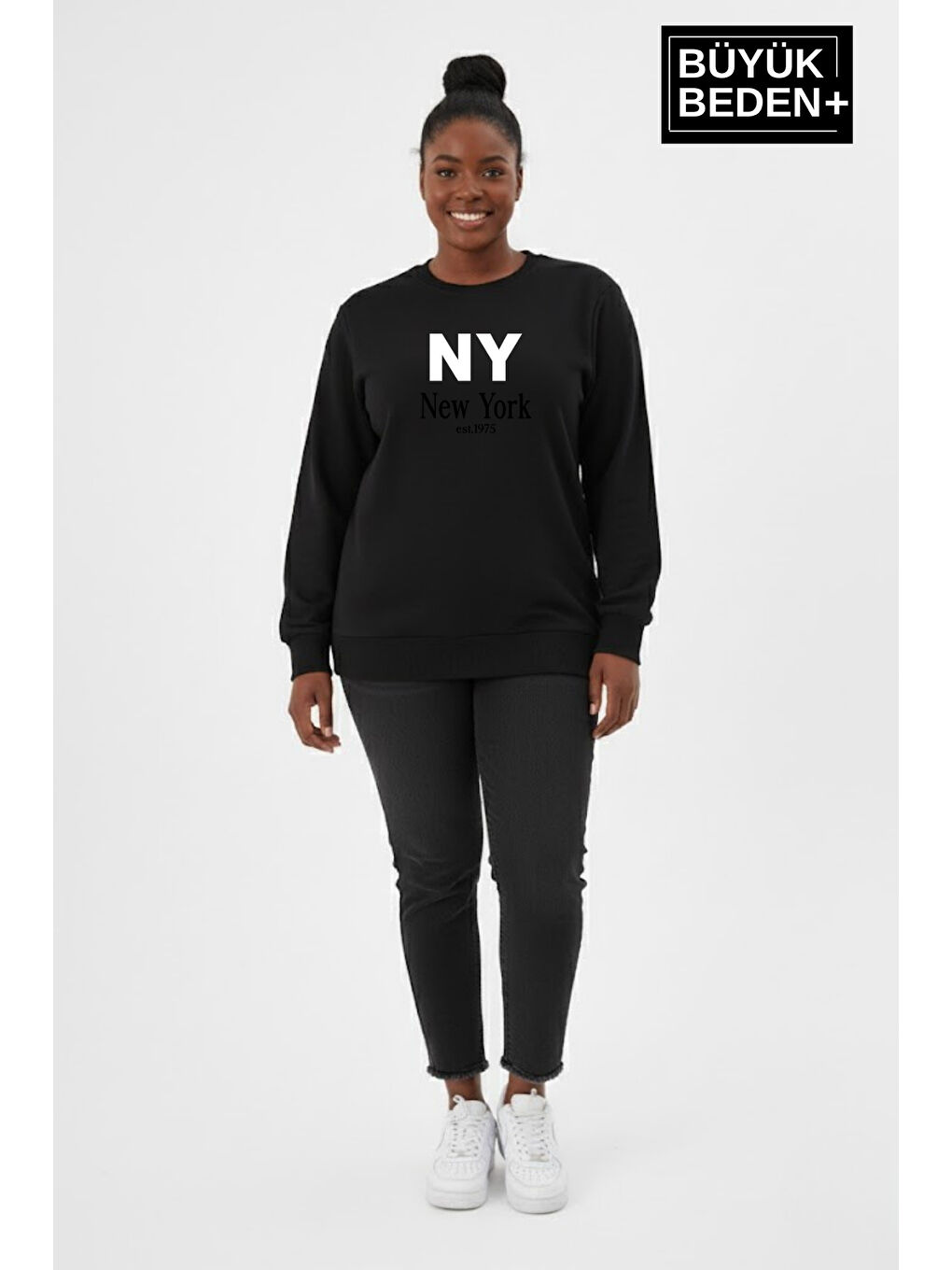 Siyah Kadın Büyük Beden NY Newyork Baskılı Bisiklet Yaka ince Sweatshirt SPR26BSWK956-15