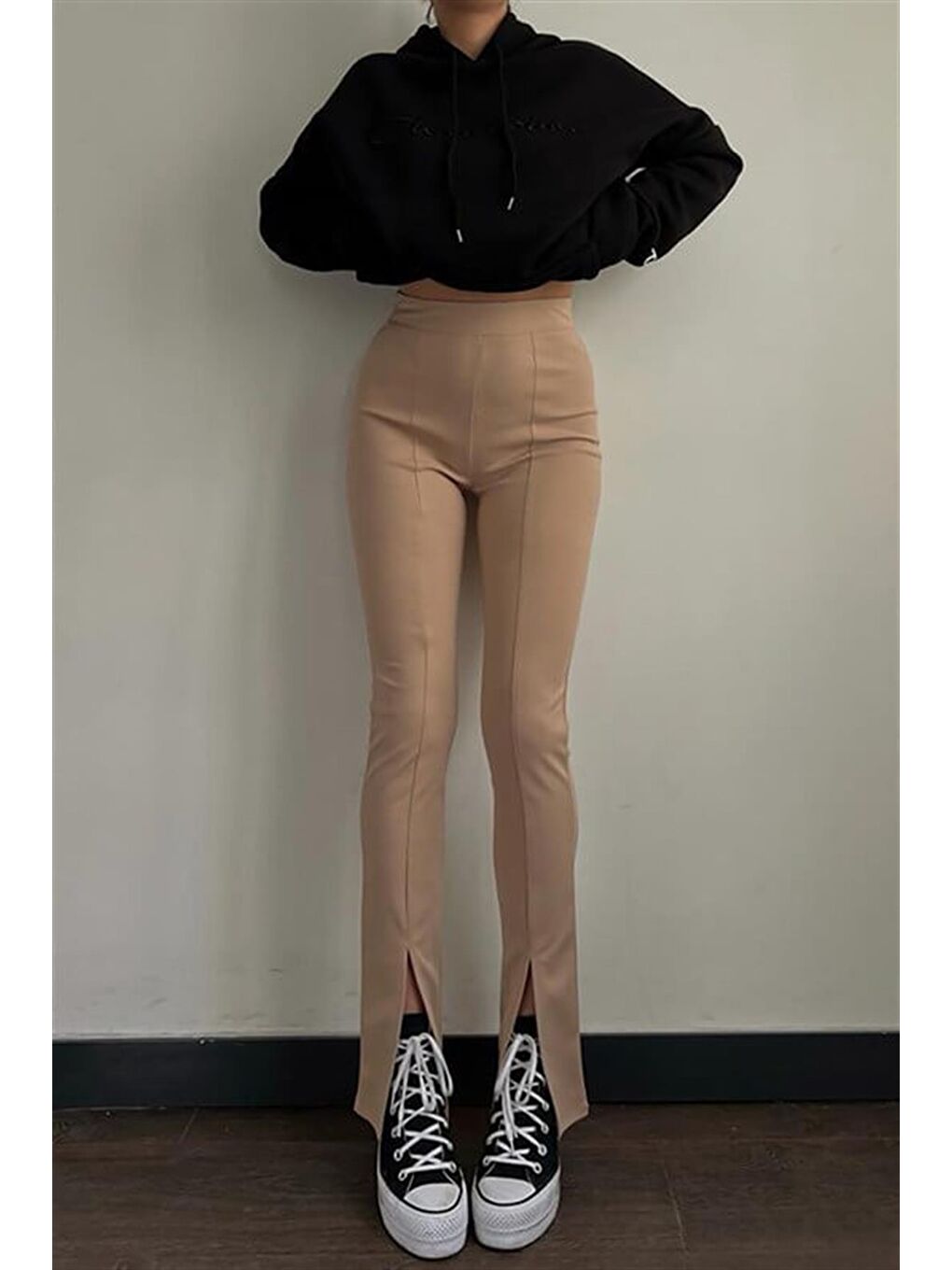 Bej Yüksek Bel Paçası Yırtmaçlı Kadın Pantolon Mg1651-5