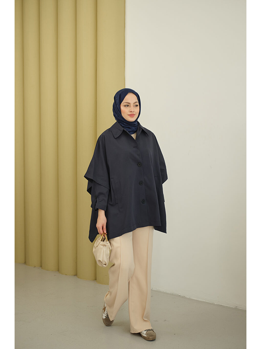 Kadın Pelerin Kol Kısa Trenç Lacivert-1