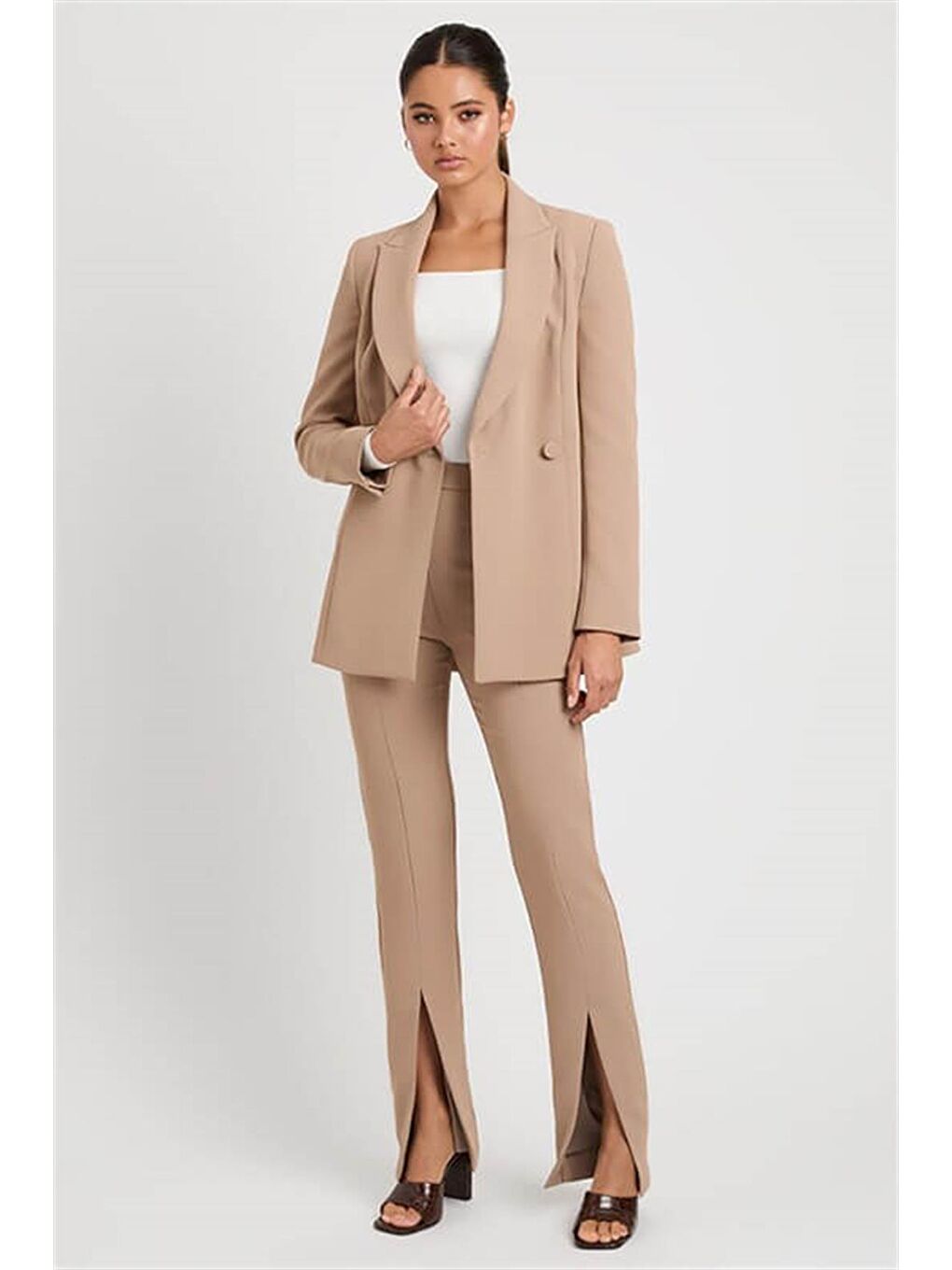 Bej Yüksek Bel Paçası Yırtmaçlı Kadın Pantolon Mg1651-6