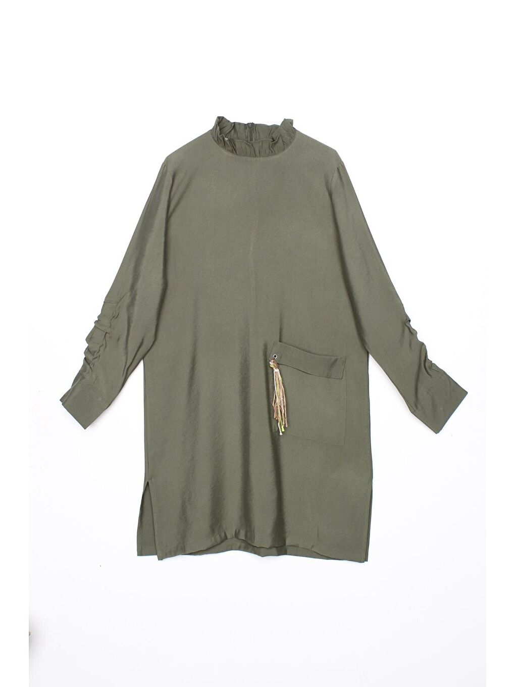 Haki Kolu Detaylı Cebi Püsküllü Tunik-4