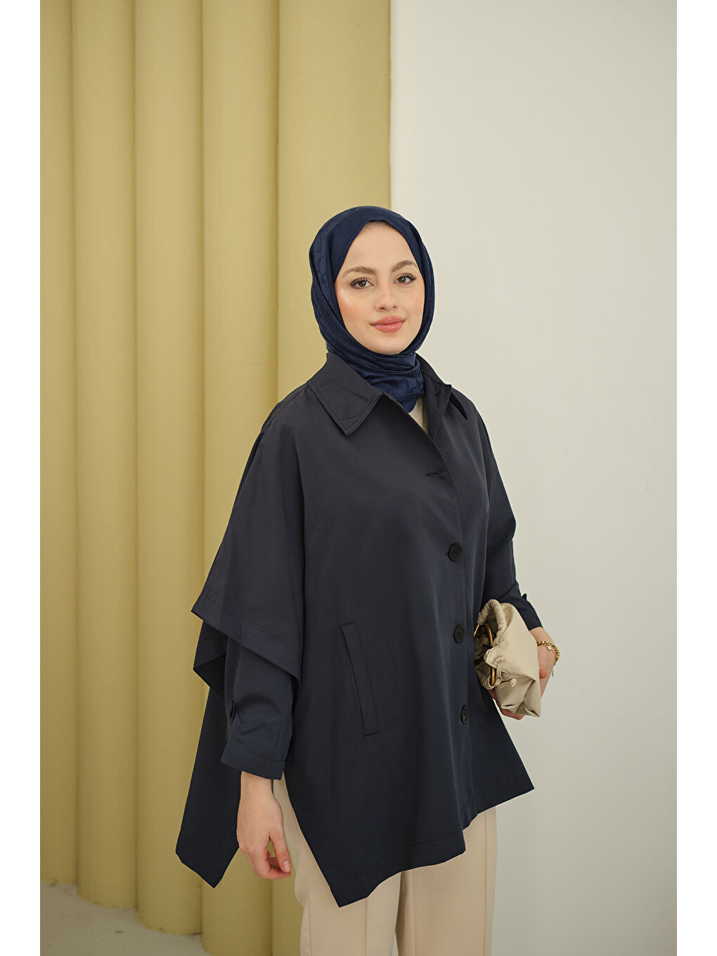 Kadın Pelerin Kol Kısa Trenç Lacivert-2