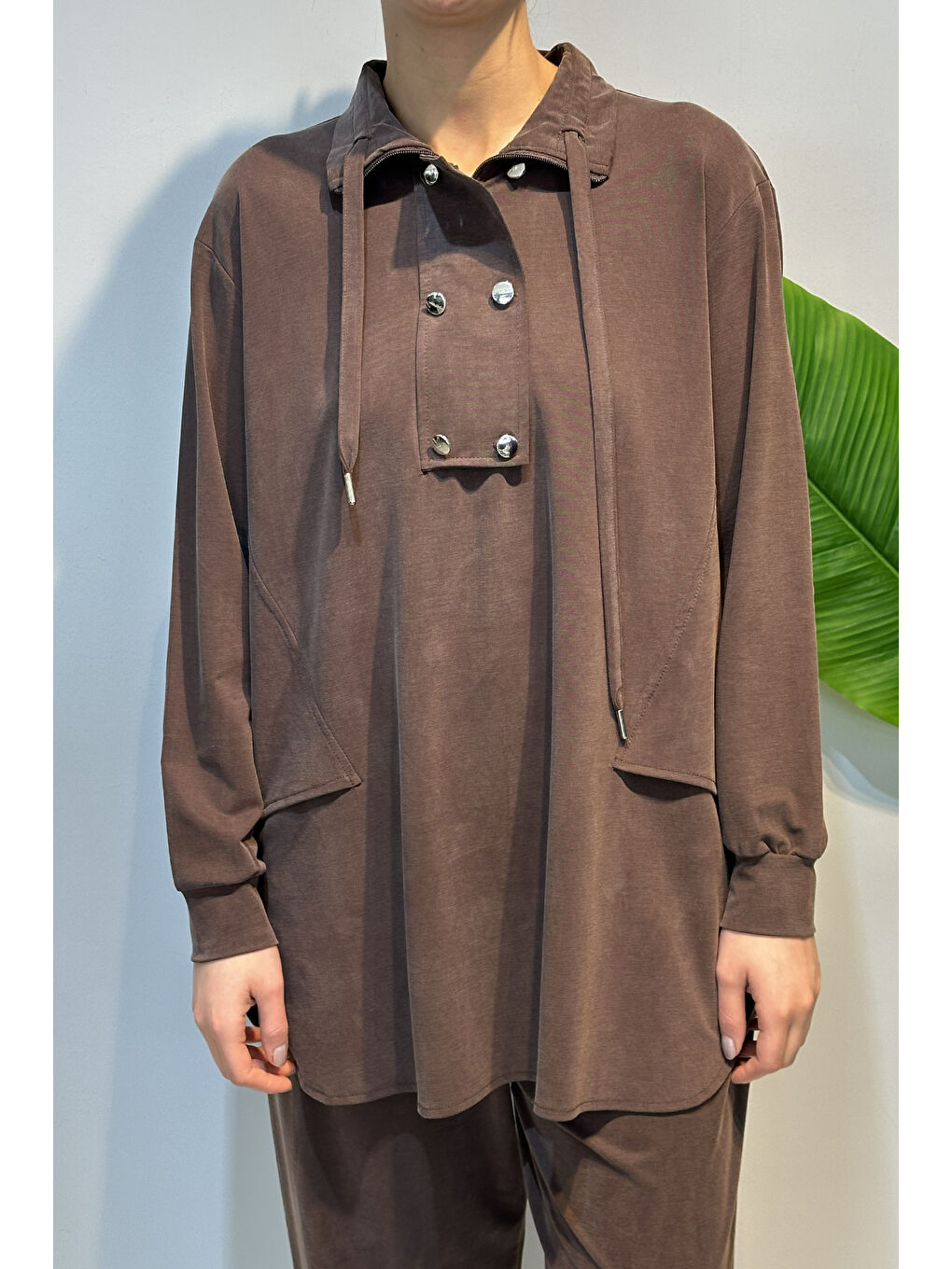 Kahverengi Pamuklu Zımba Detay Tunik Pantolon Takım 4417 Kahve-1