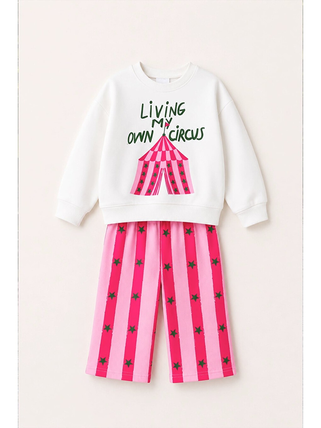 Kız Çocuk Sirk Baskılı Ekru Sweatshirt Ve Pembe Çizgili Yıldız Baskılı Eşofman Alt Üst Takım-1