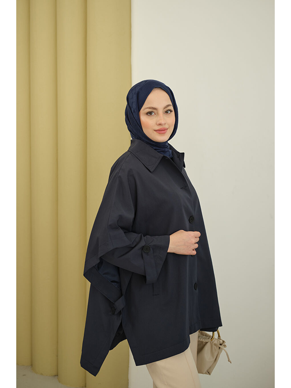 Kadın Pelerin Kol Kısa Trenç Lacivert-3