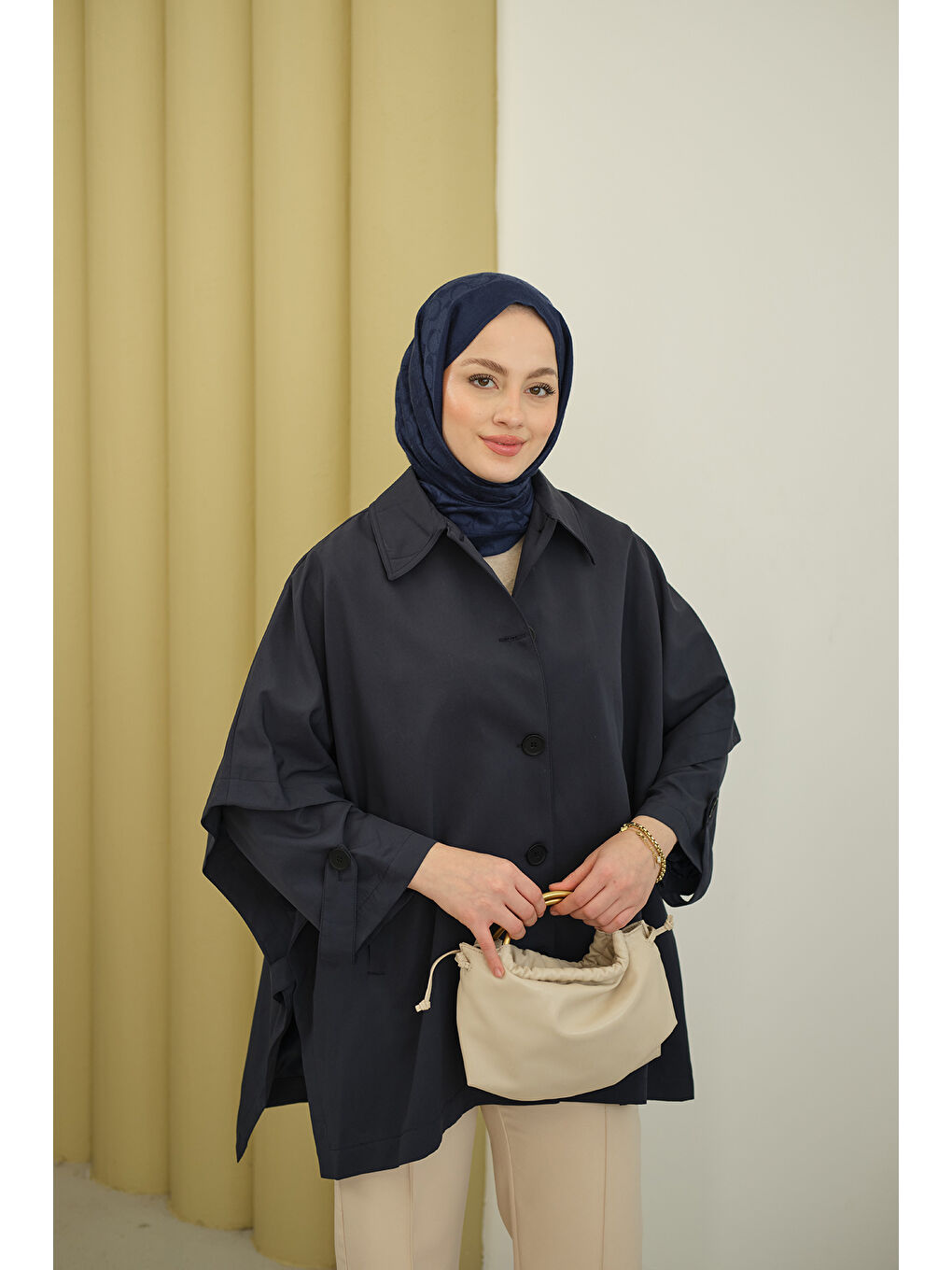 Kadın Pelerin Kol Kısa Trenç Lacivert-4