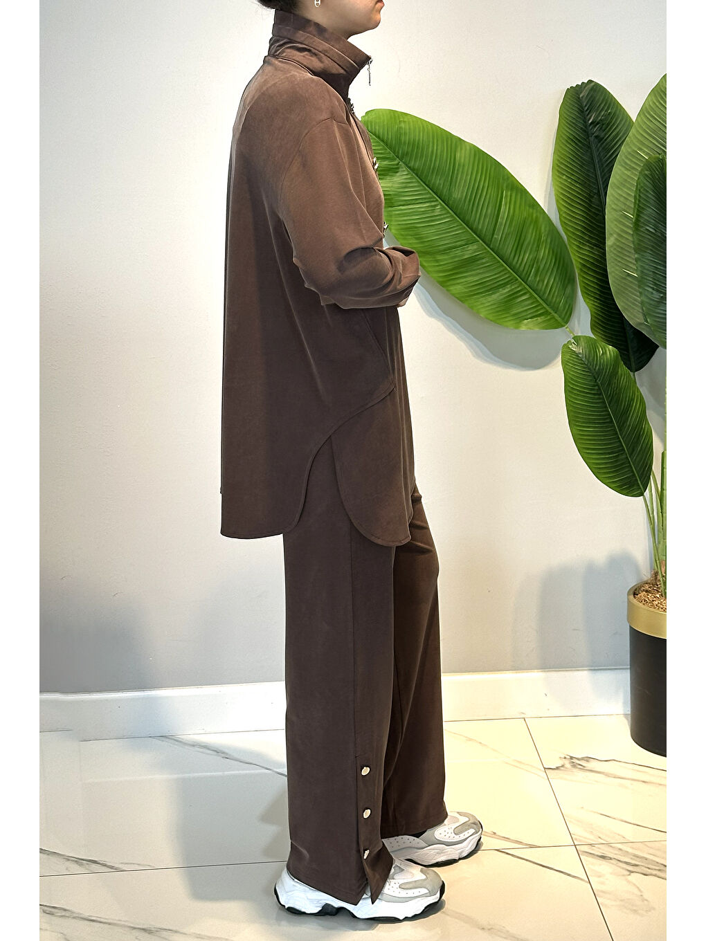 Kahverengi Pamuklu Zımba Detay Tunik Pantolon Takım 4417 Kahve-2
