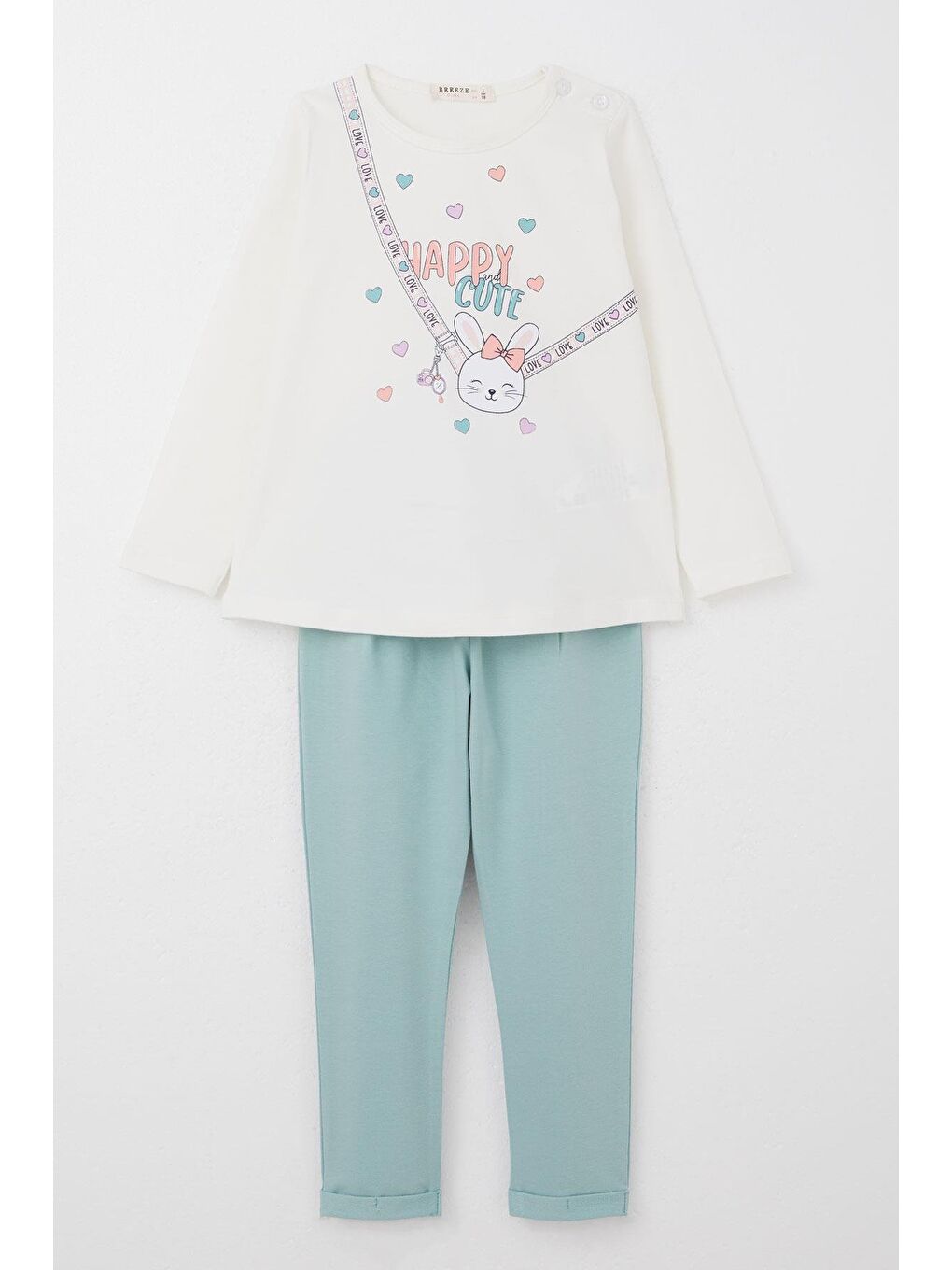 Kız Bebek Taytlı Takım Mutlu Tavşancık Baskılı Kalpli Ekru (9 Ay-3 Yaş)
