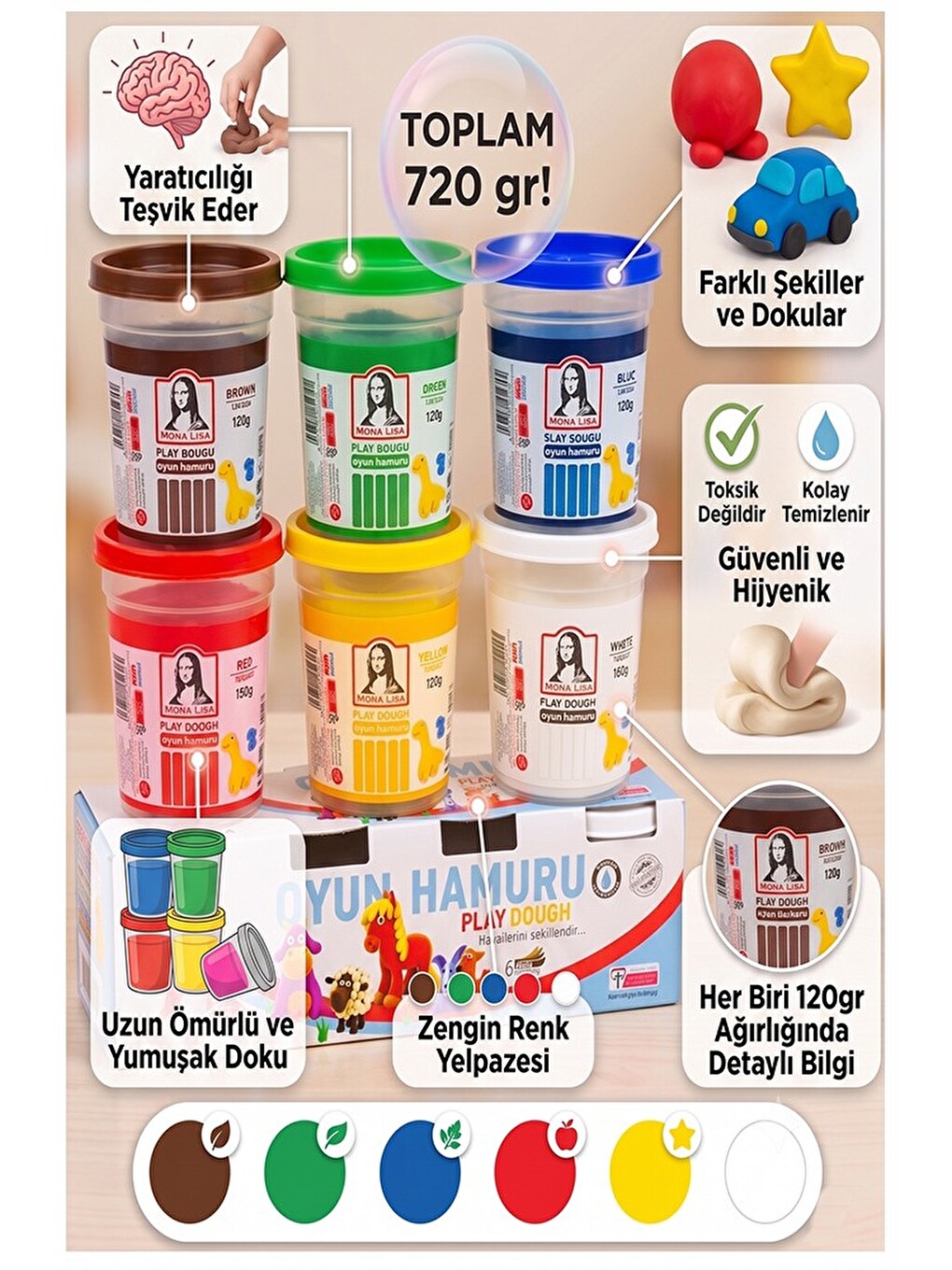Oyun Hamuru 6 Renk 1 Paket Monalisa 6 Lı Pastel Renk Oyun Hamuru Kurumaya Karşı Dirençli Okul Öncesi-1