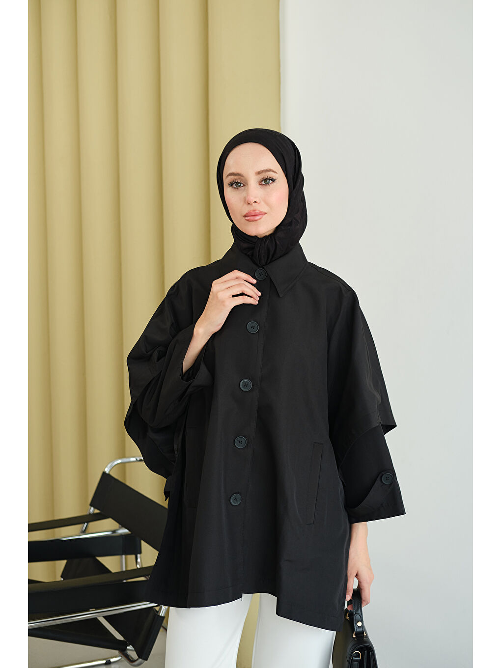 Kadın Pelerin Kol Kısa Trenç Siyah-1