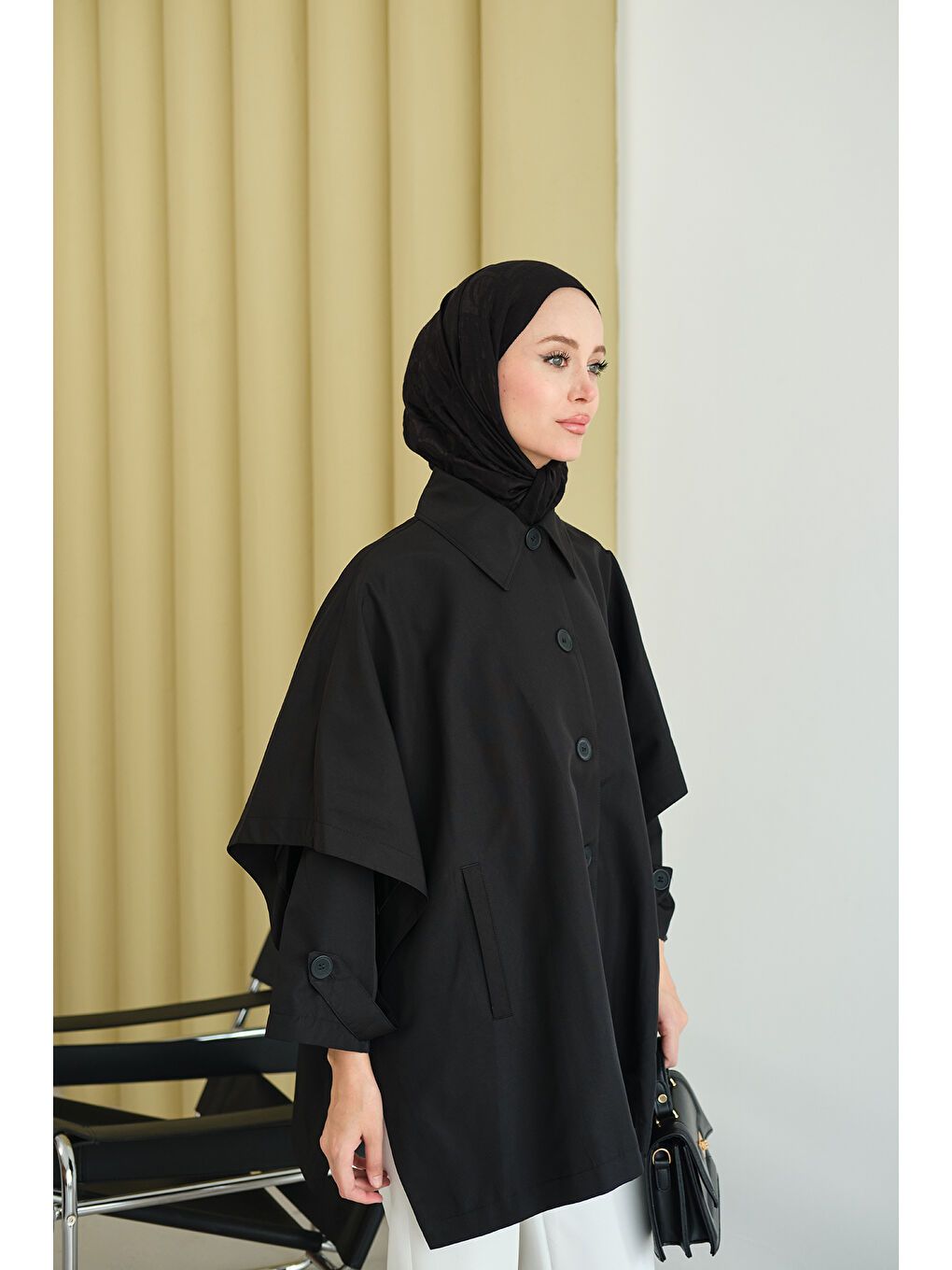 Kadın Pelerin Kol Kısa Trenç Siyah-2