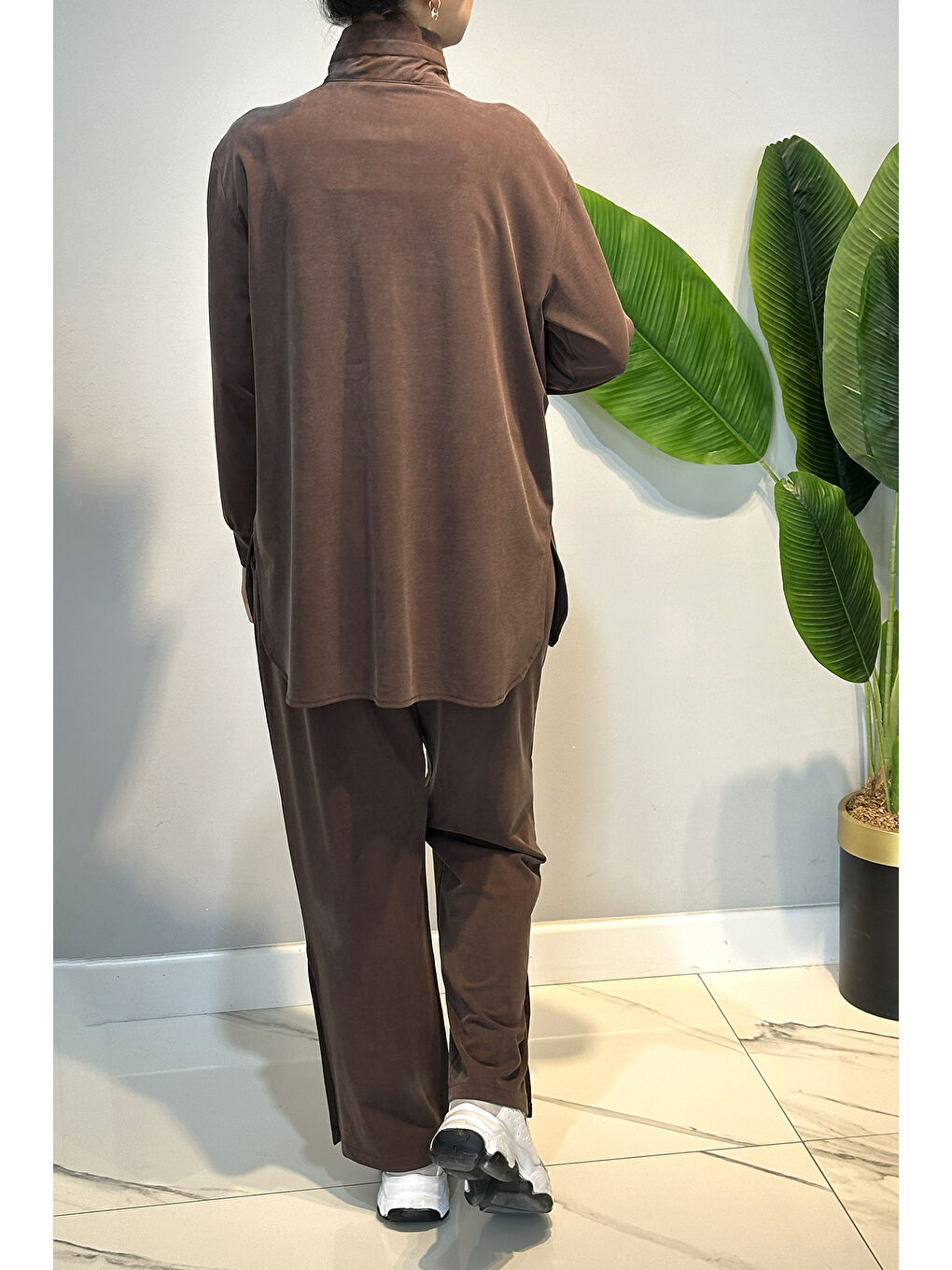 Kahverengi Pamuklu Zımba Detay Tunik Pantolon Takım 4417 Kahve-3
