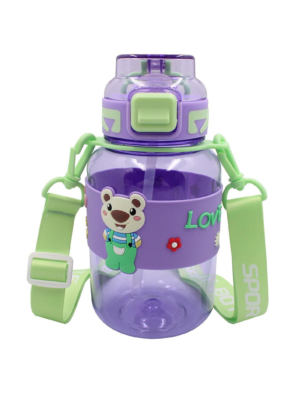 Çocuk Kilitli Kapak Pipetli Askılı Ayıcıklı Matara 800 ml