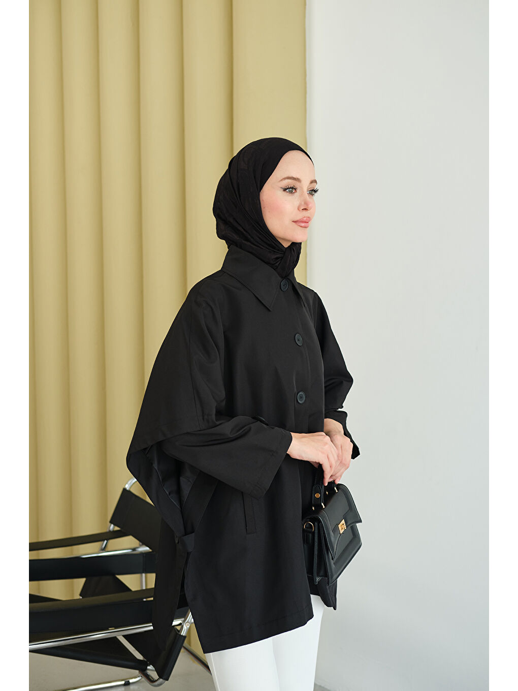 Kadın Pelerin Kol Kısa Trenç Siyah-3